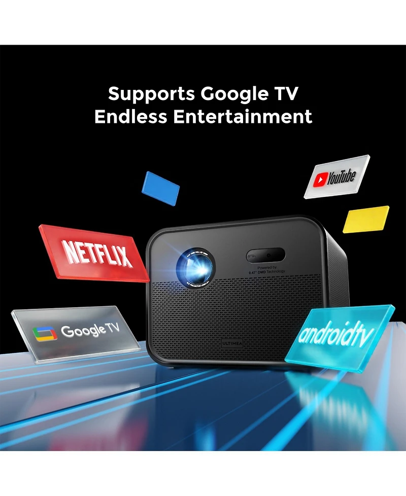 Ultimea Poseidon E100 4K Projector with Dlp Tech, 1800 Ansi Projector with WiFi and Bluetooth, 300'' Home Theater with Active 3D & 120% Dci-P3