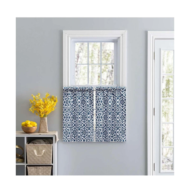 Ellis Curtain Ellis Athens Printed Tile Design on Navy Ground High Quality Tailored Tiers 1.5" Rod Pocket Navy