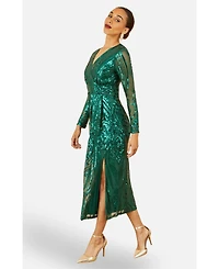 Yumi Women's Sequin Midi Long Sleeve Wrap Dress