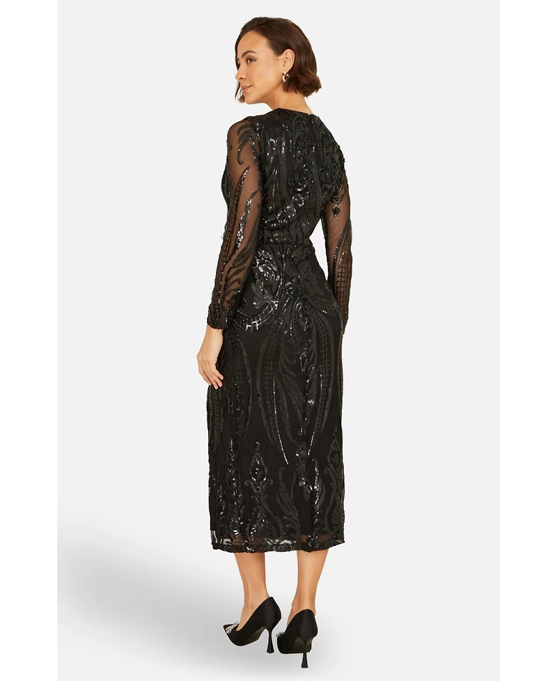 Yumi Women's Sequin Midi Long Sleeve Wrap Dress