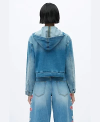 Bayeas Women's Vintage-Wash Cropped Denim Zip-Front Hoodie Jacket