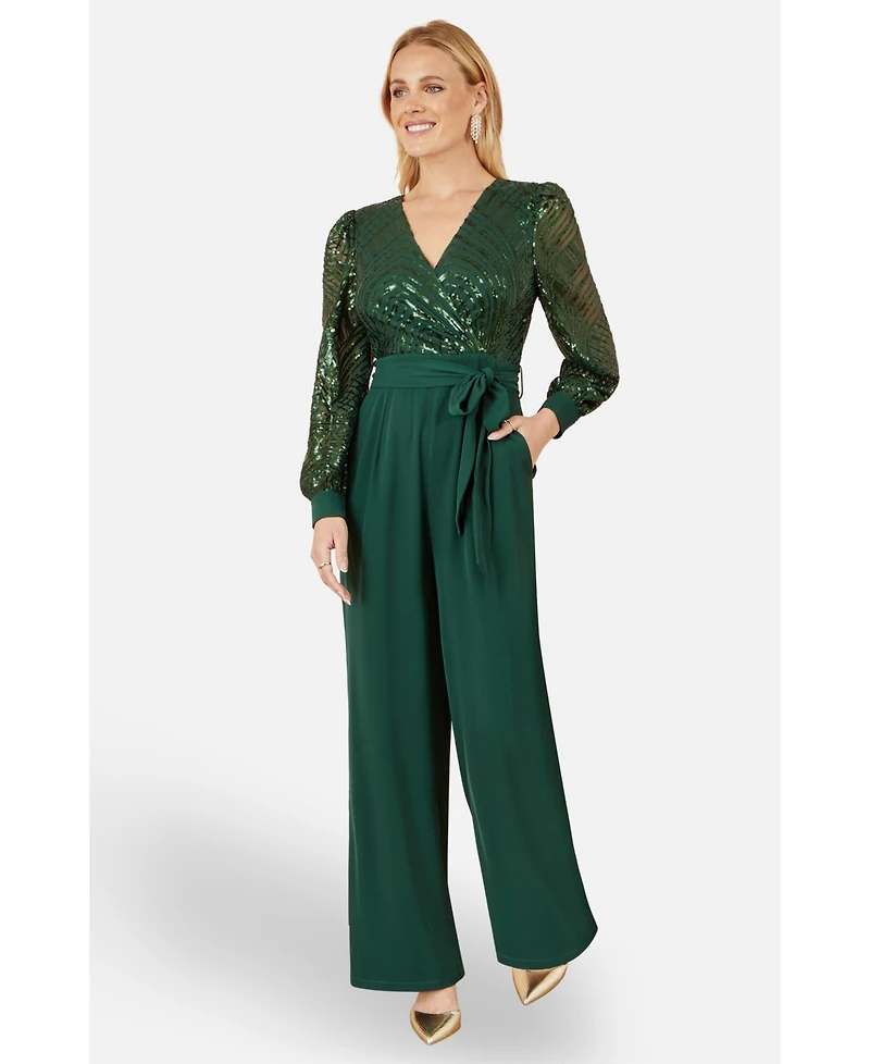 Yumi Women's Sequin Wrap Over Jumpsuit