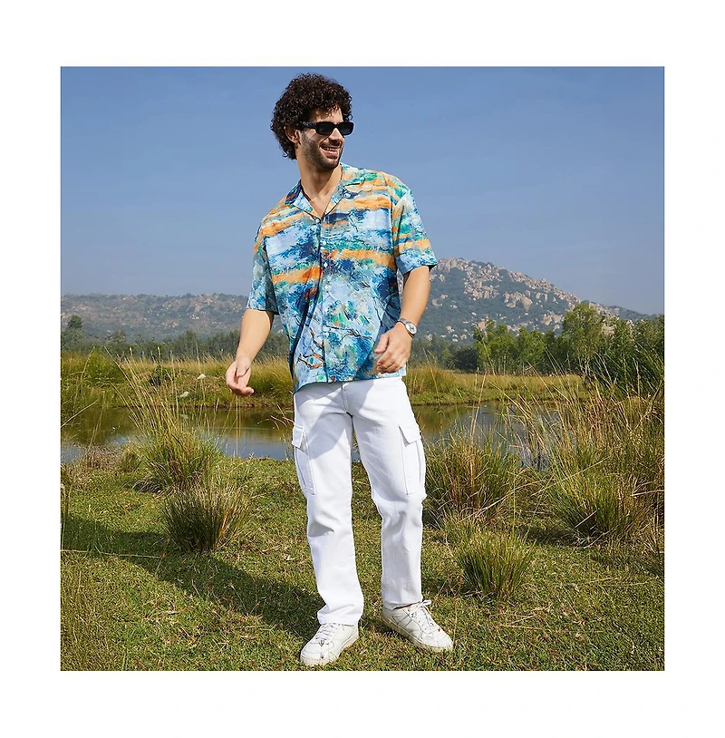 Campus Sutra Men's Sky Blue & Pumkin Orange Indie-Block Oversized Shirt