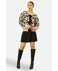 Yumi Women's Animal Print Intarsia Tie Front Cardigan