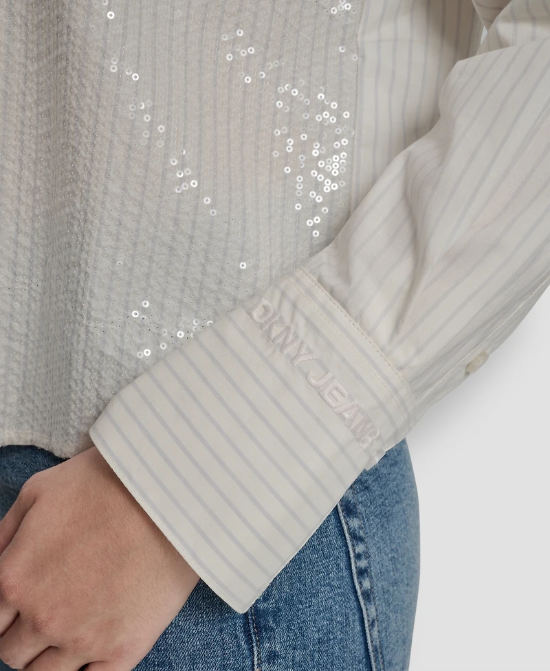 Dkny Jeans Women's Logo Embroidery and Sequin Button-Front Shirt