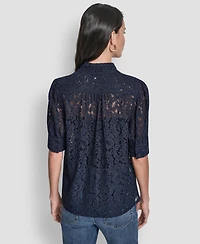 Dkny Jeans Women's Lace Puff Sleeve Stand Collar Shirt