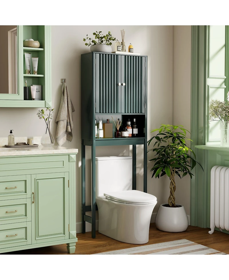 Gymax 66'' Over the Toilet Storage Cabinet w/Fluted Doors Adjustable Shelf & Bottom Bar