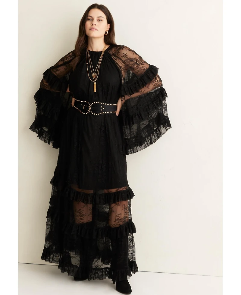 June + Vie Women's Tiered Lace Cape Maxi Dress