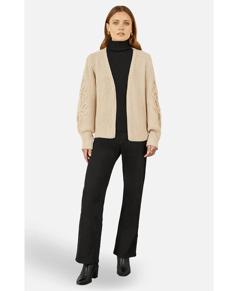 Yumi Women's Floral Sleeve Chunky Knit Open Front Long Cardigan Sweater