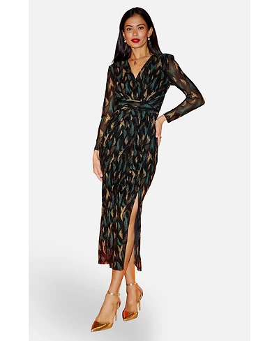 Yumi Women's Metallic Sparkle Mesh Wrap Midi Dress