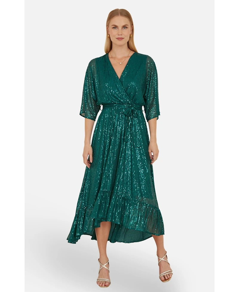 Yumi Women's Sequin Kimono Midi Wrap Dress