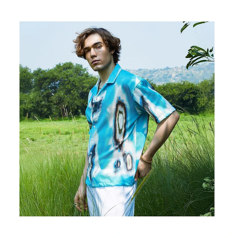 Campus Sutra Men's Sky Blue Topography Mesh Oversized Shirt