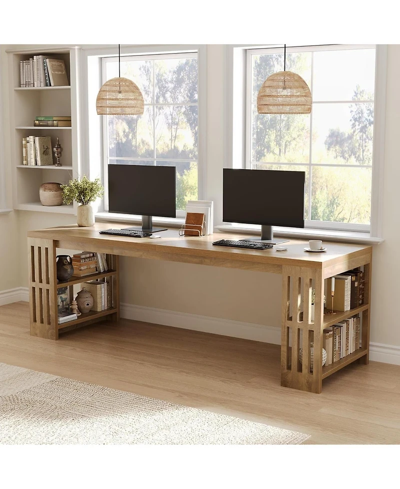 Tribesigns 2 Person Desk, 78.7" Computer Desk with Shelves, Farmhouse Home Office Desk, Wood Heavy Duty Shelf Legs