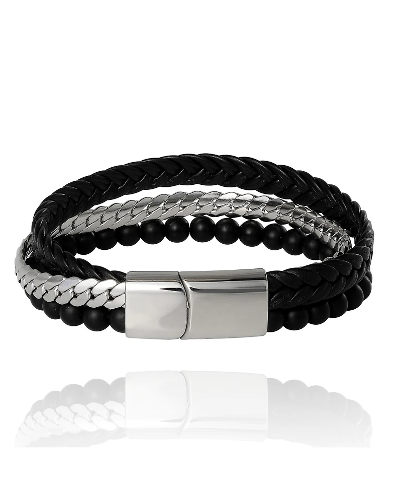 Lucky Brand Men s 3 Row Leather, Chain & Bead Bracelet, Black, Magnetic Clasp - 8.5''