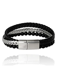 Lucky Brand Men s 3 Row Leather, Chain & Bead Bracelet, Black, Magnetic Clasp - 8.5''