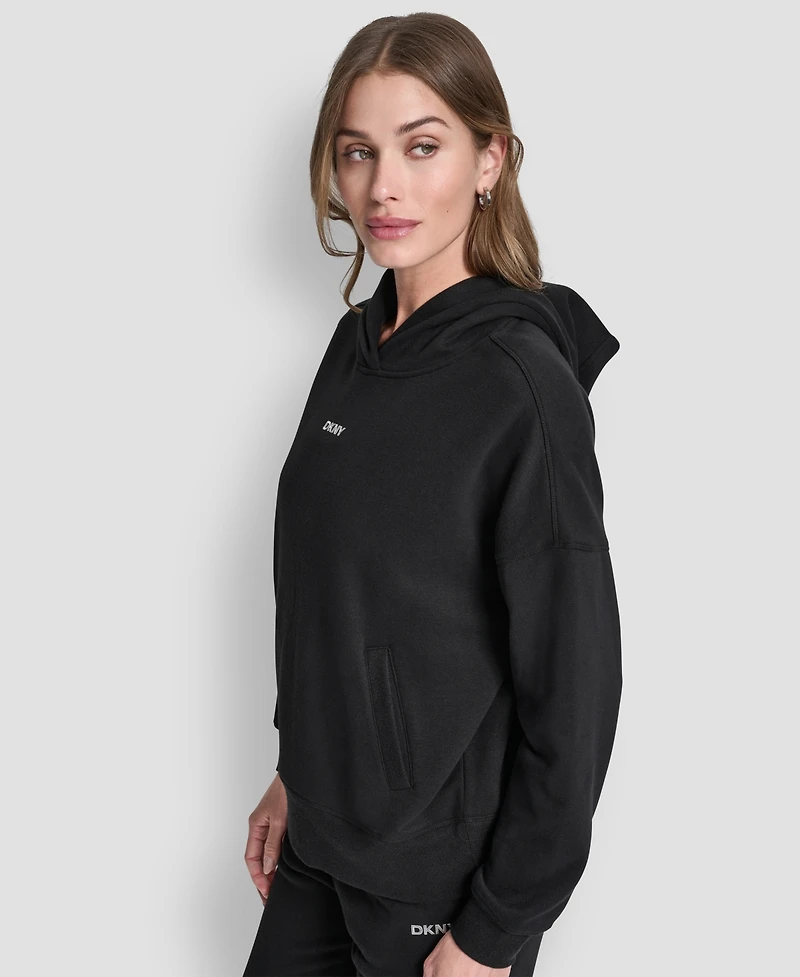 Dkny Women's Metallic Bubble Logo Drop Shoulder Pull-On Hoodie
