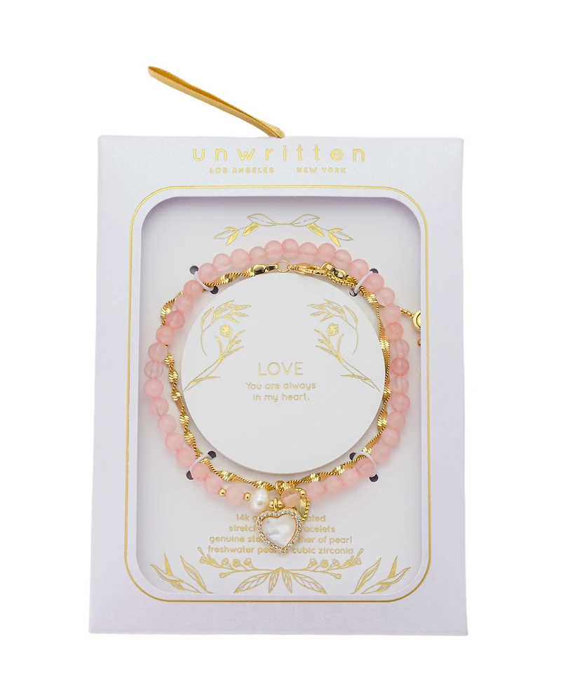 Fresh water pearl and rose quartz 4mm beads Mother of Pearl stone Cubic Zirconia heart plain heart twist Set of 2 Bracelets