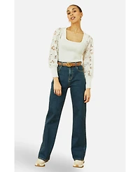 Yumi Women's Ribbed Knitted Lace Sleeve Top