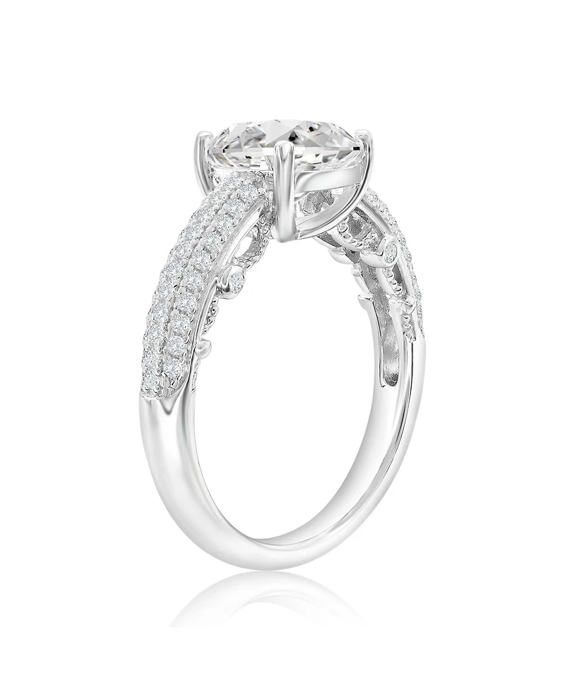 Suzy Levian Sterling Silver Cushion Cut White Cubic Zirconia Pave Center Stone Ring