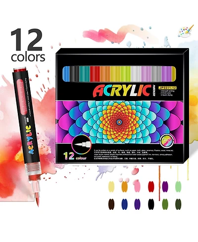 Htutwoo 12 Colors Soft Brush Tip Pens and Markers with Direct-Liquid Ink Control System for Rock Painting, Canvas, Glass, Plastic, Fabric and Eggs