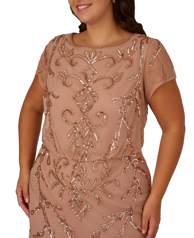 Adrianna Papell Plus Bead Blouson Boat Neck Long Dress