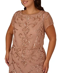 Adrianna Papell Plus Bead Blouson Boat Neck Long Dress