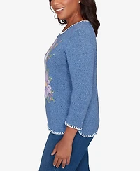 Alfred Dunner Petite Hilton Head Cross-Stitched Floral Pull-On Sweater