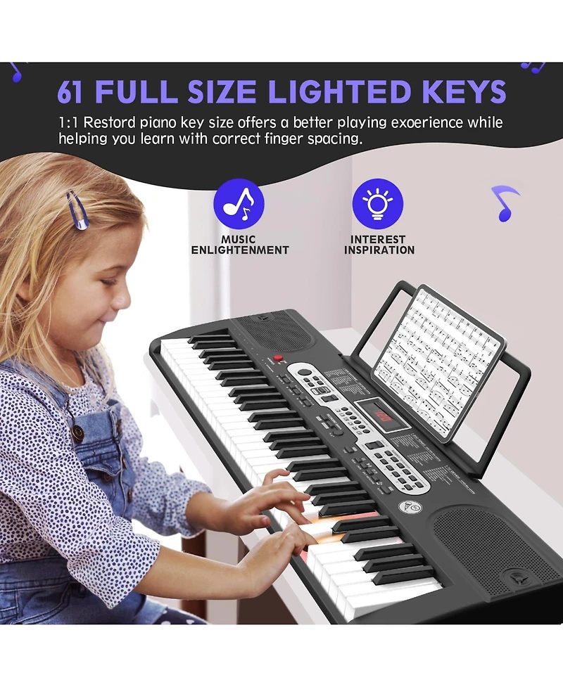 Sugift 61-Key Electronic Keyboard Piano with Lighted Keys, Teaching Modes, Headphones, Stand