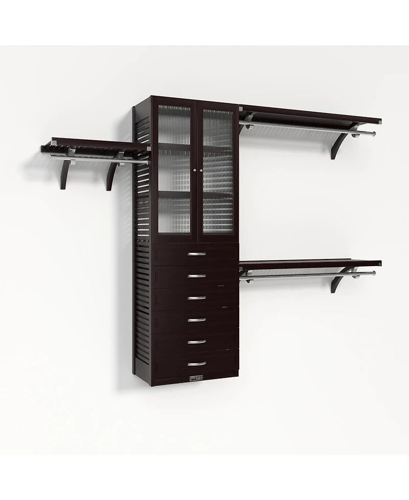 Solid Wood Walk-In Closet Organizer with 6 Drawers and Glass Doors