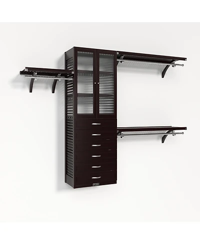 Solid Wood Walk-In Closet Organizer with 6 Drawers and Glass Doors