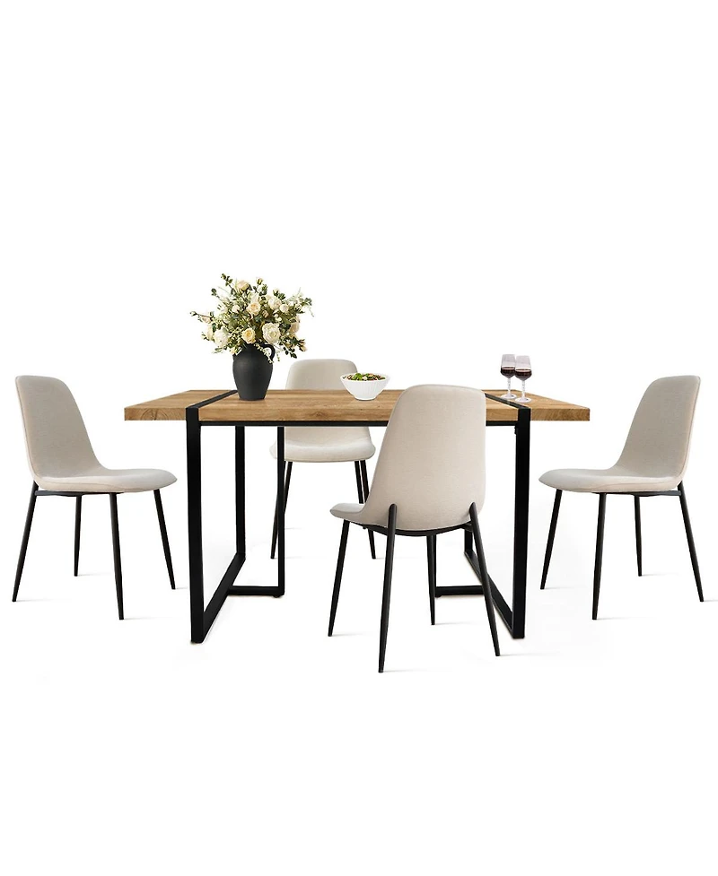 5-Piece Dining Table Set with 59'' Mdf Table, Rectangular Wood-Look Top and Black Metal Legs 4 Upholstered Chairs-Maison Boucle