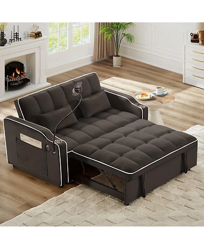 Maison Boucle 2-Seater Sofa Bed with Pull Out Sleeper, Usb & Type-c Charging, Adjustable Backrest, Modern Velvet Loveseat for Small Spaces