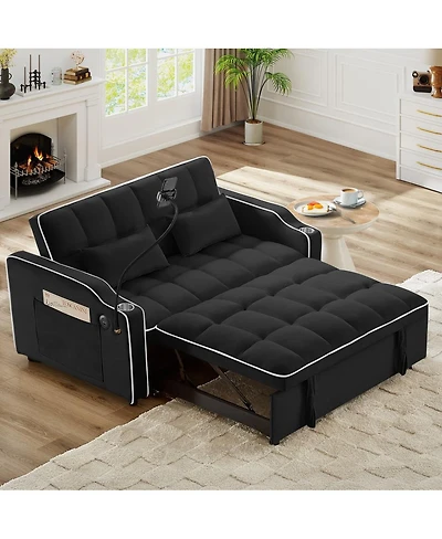Maison Boucle 2-Seater Sofa Bed with Pull Out Sleeper, Usb & Type-c Charging, Adjustable Backrest, Modern Velvet Loveseat for Small Spaces