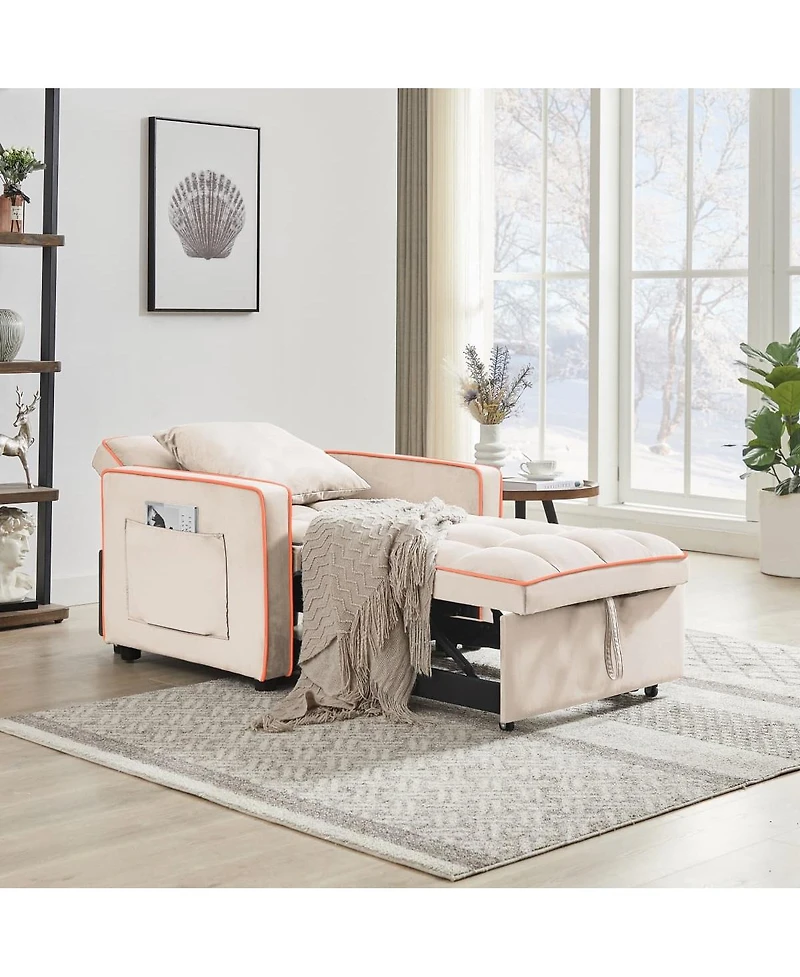 Maison Boucle 3-in-1 Convertible Velvet Chair Bed, Single Sleeper Sofa with Adjustable Backrest, Pull Out Bed & Side Pocket for Small Spaces
