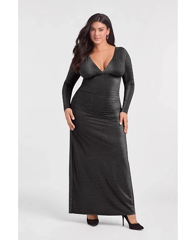 S3 Apparel Women's S3 Sculpting Shapewear Shirred V-Neck Long Sleeve Metallic Maxi Dress - Onyx Black