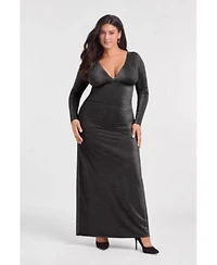 S3 Apparel Womens S3 Sculpting Shapewear Shirred V Neck Long Sleeve Metallic Maxi Dress