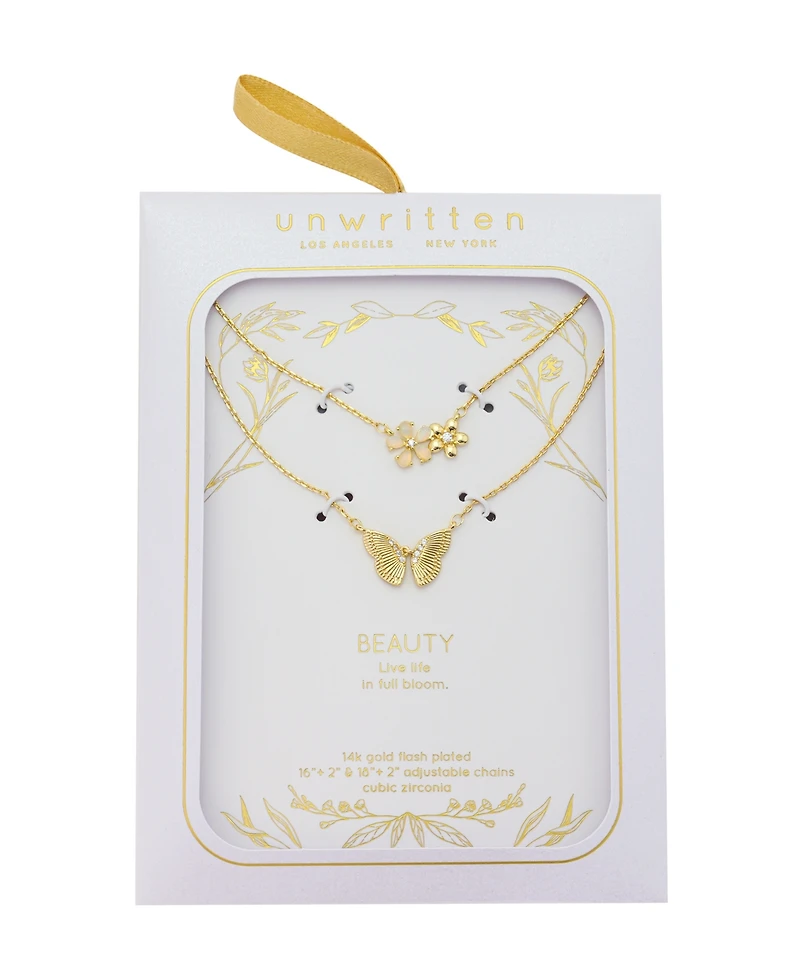 Faux Opal Cubic Zirconia Flower Cubic Zirconia Flower, Cubic Zirconia Butterfly Necklace's with Extender 2 Pcs Set