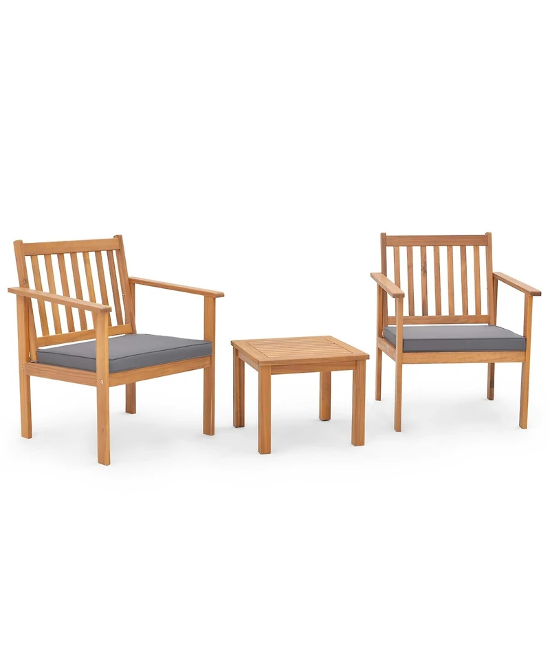 Costway 3 Pcs Acacia Wood Soft Cushions Patio Furniture Set (Chairs & Coffee Table)