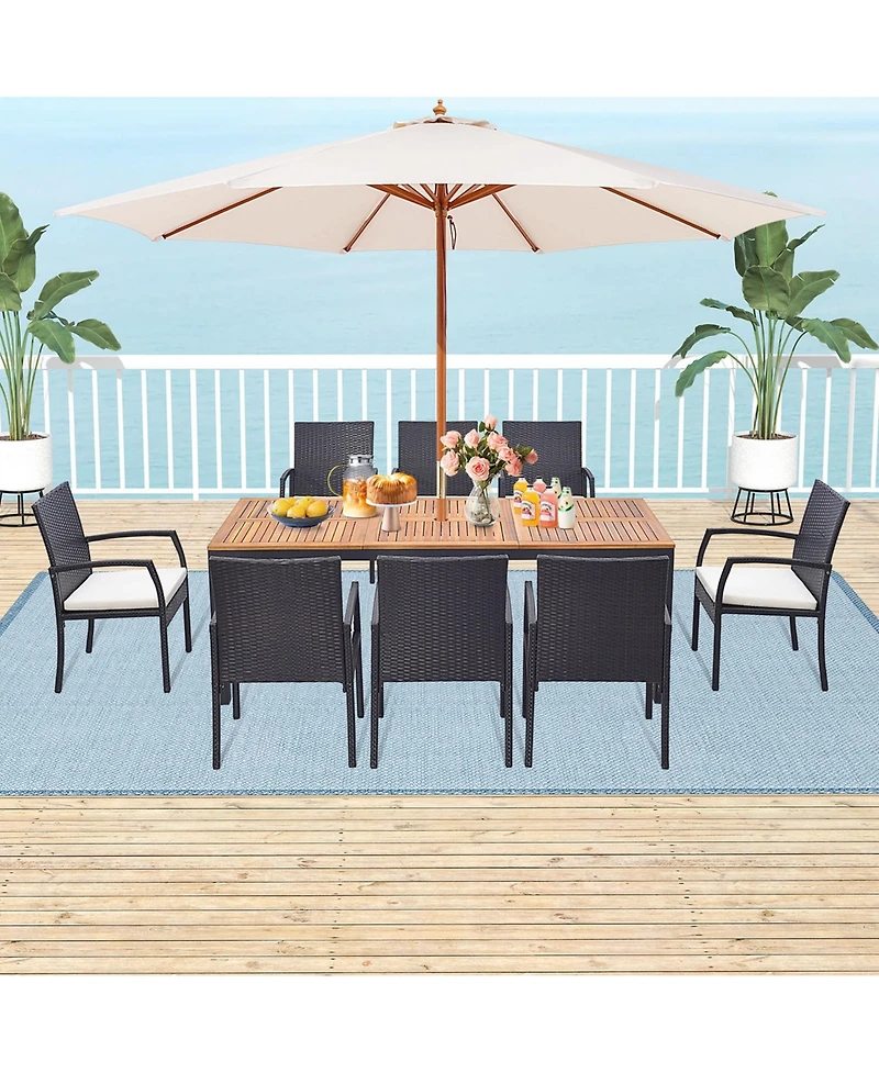 9 Pcs Patio Rattan Dining Set with Acacia Wood Table, Cushions, 1.9" Umbrella Hole
