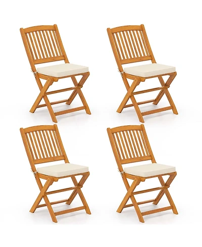 Outdoor Folding Chairs Set of 4 Acacia Wood High-Back Chair with Seat Cushions