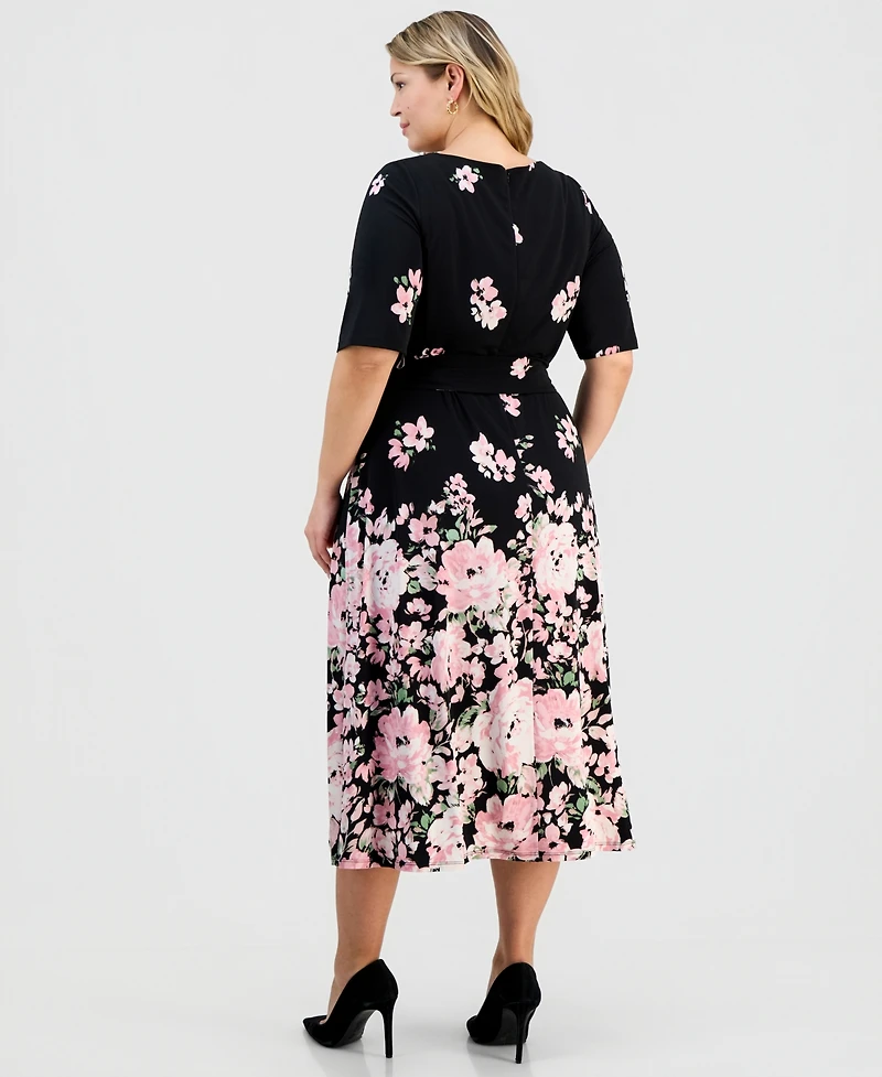 Kasper Plus Floral-Print Round-Neck Tie-Belt Waist
