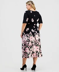 Kasper Plus Floral-Print Round-Neck Tie-Belt Waist