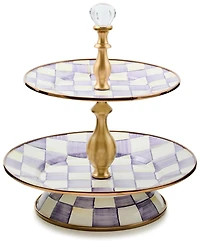 MacKenzie-Childs Violet Check Two Tier Handmade Sweet Stand