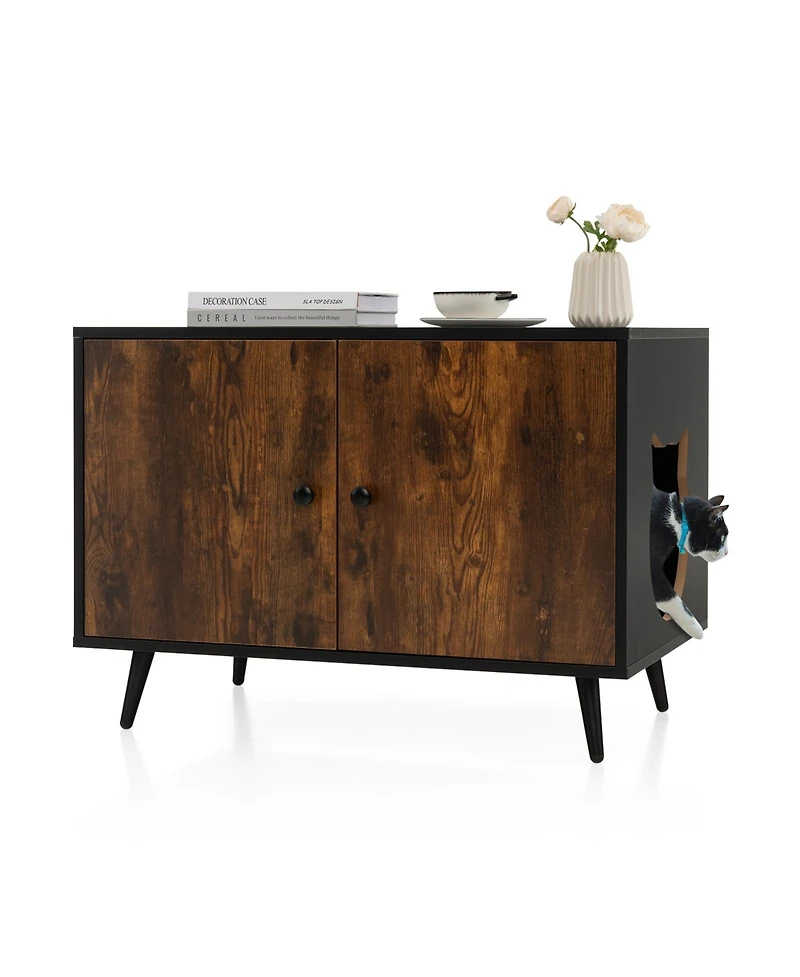 Sugift Industrial Cat Litter Box Enclosure with Divider and Cat-Shaped Entries