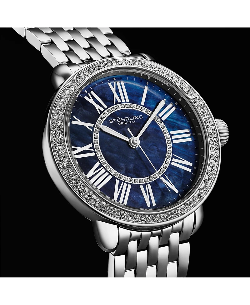 Stuhrling Regalia Women s 40mm Quartz Dress Watch – White Mother-of-Pearl Dial Crystal Bezel Stainless Steel Bracelet