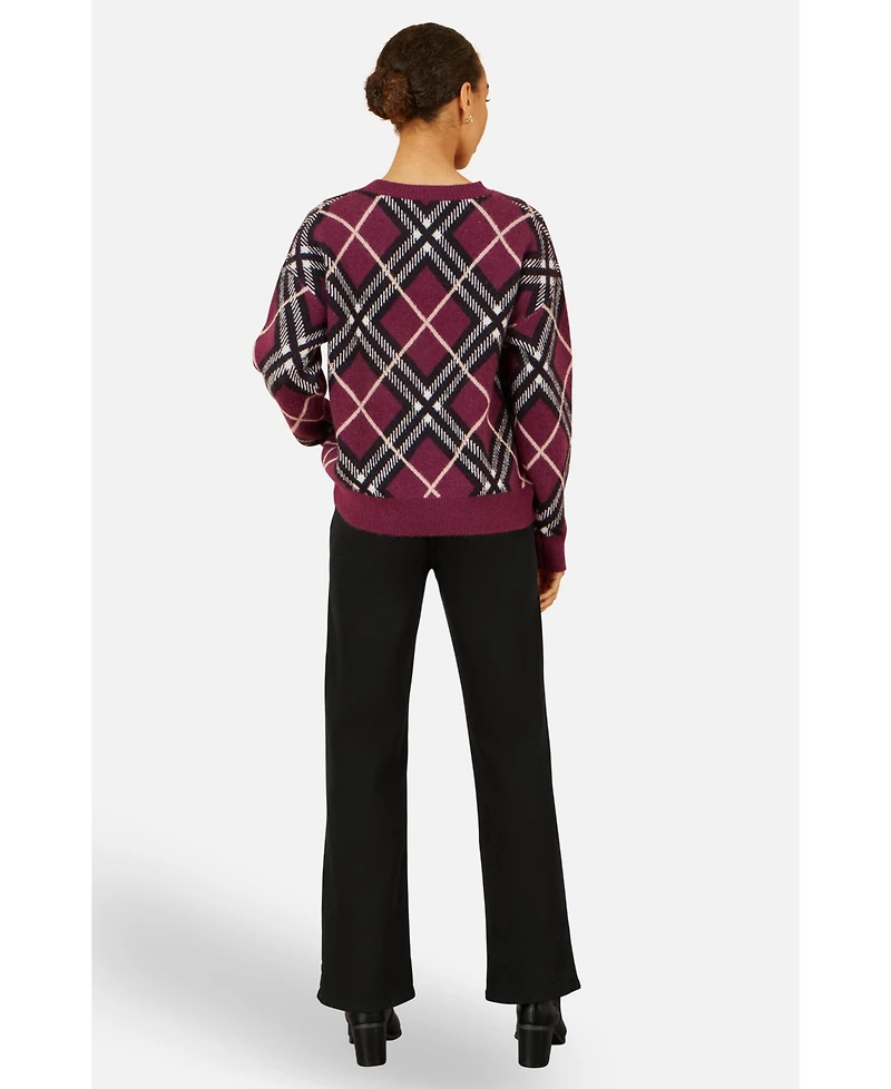 Yumi Women's Argyle Check Relaxed Sweater