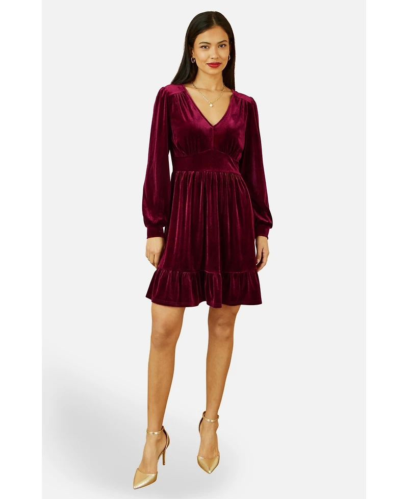Yumi Women's Velvet Long Sleeve Skater Dress
