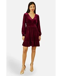 Yumi Women's Velvet Long Sleeve Skater Dress