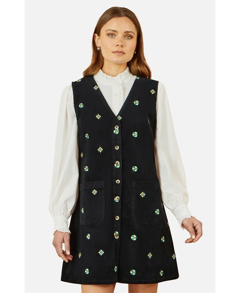 Yumi Women's Embroidered Button Up Pinafore Dress