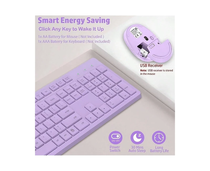 risokeys Wireless 2.4GHz Silent Full-Size Keyboard and Mouse Combo with 2-in-1 Receiver for Laptop